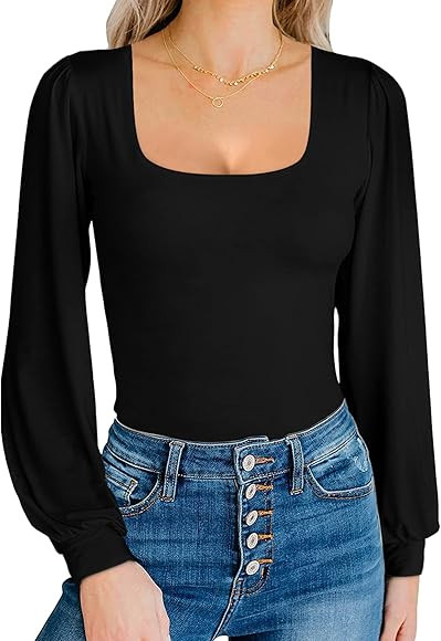 MANGOPOP Square Neck Puff Sleeve Bodysuit Loose Lantern Long Sleeve Body Suit for Women for Going... | Amazon (US)