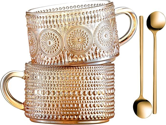 Amazon.com: Gezzeny Vintage Coffee Mugs, Glass Coffee Mugs 14 Oz Set of 2 Amber Embossed Glass Cu... | Amazon (US)