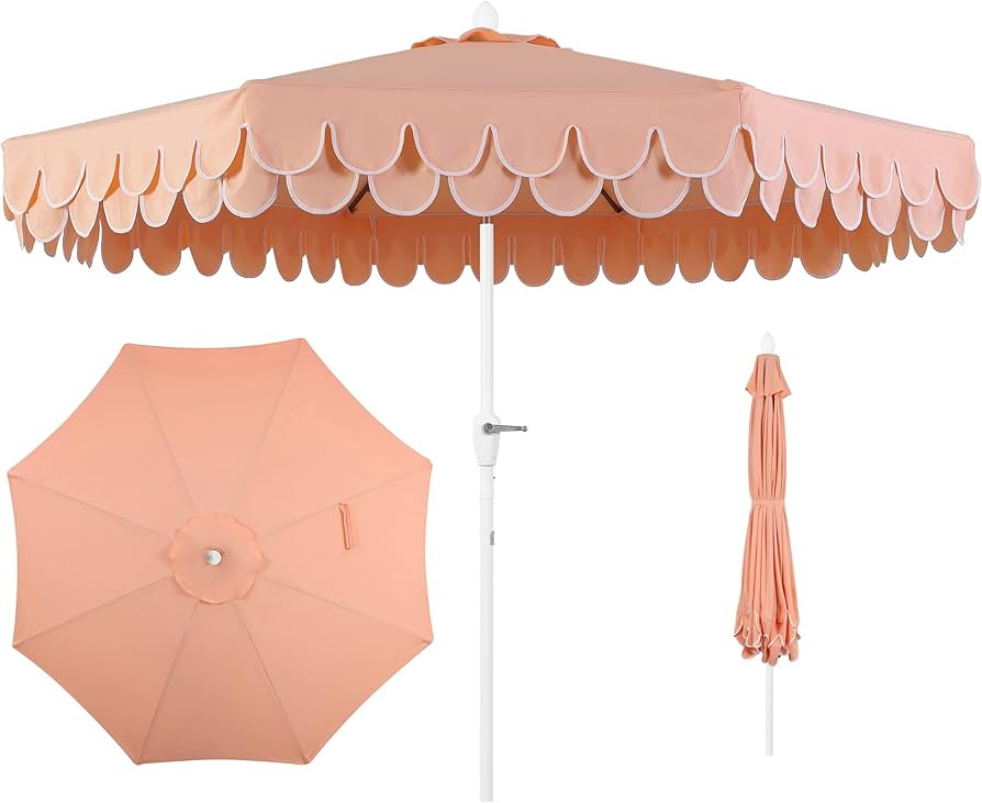 JONATHAN Y UMB1002H Tracy 9 ft. Classic MidCentury Scalloped Fringe Market Patio Umbrella with Au... | Amazon (US)