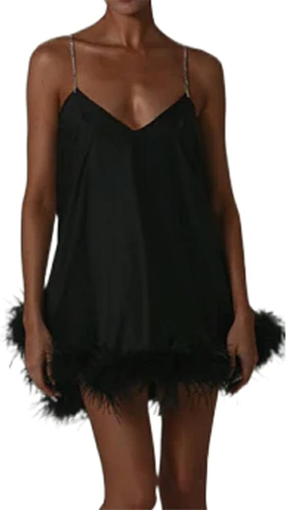 Alyweatry Women Feather Hem Sleeveless Dress Spaghetti Strap Bodycon Mini/Midi Dress Cocktail Party  | Amazon (US)