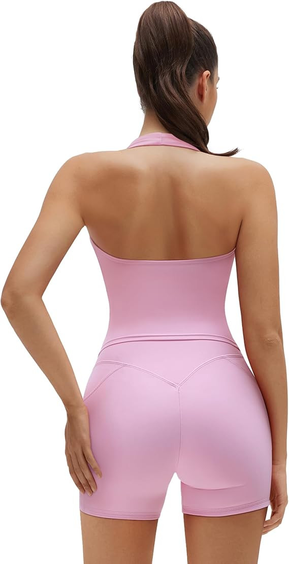 SUUKSESS Women 2 Piece Workout Sets Halter Neck Padded Yoga Tank Tops High Waisted Biker Shorts w... | Amazon (US)