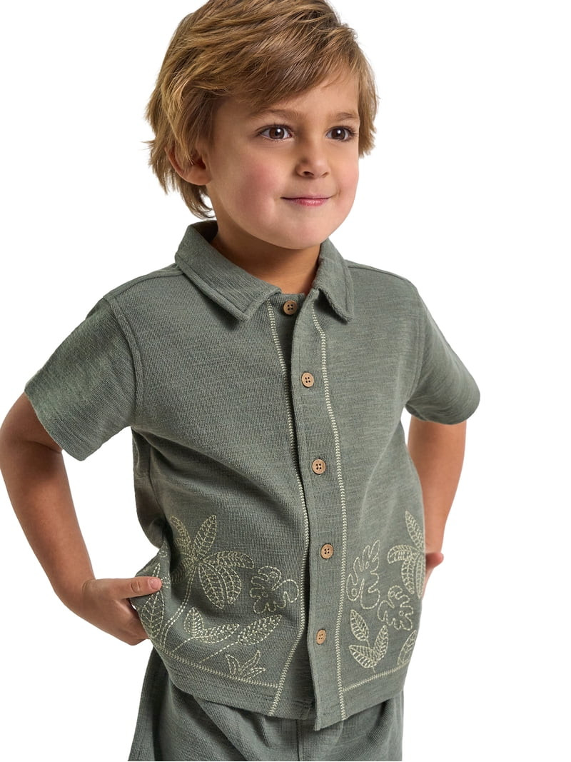 Modern Moments by Gerber Toddler Boy Button Front Shirt with Embroidery Set, 2-Piece, Sizes 12 Mo... | Walmart (US)