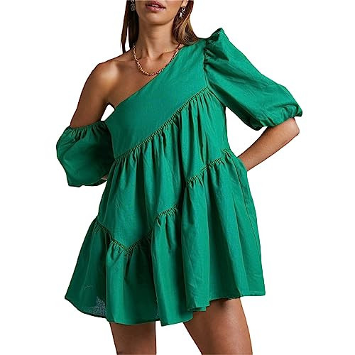 Sexy Mini Dress for Women Ruffle One Shoulder Outfits Short Puff Sleeve Cocktail Bubble Sundress Mini Skirt Sets (Green, XL) | Amazon (US)