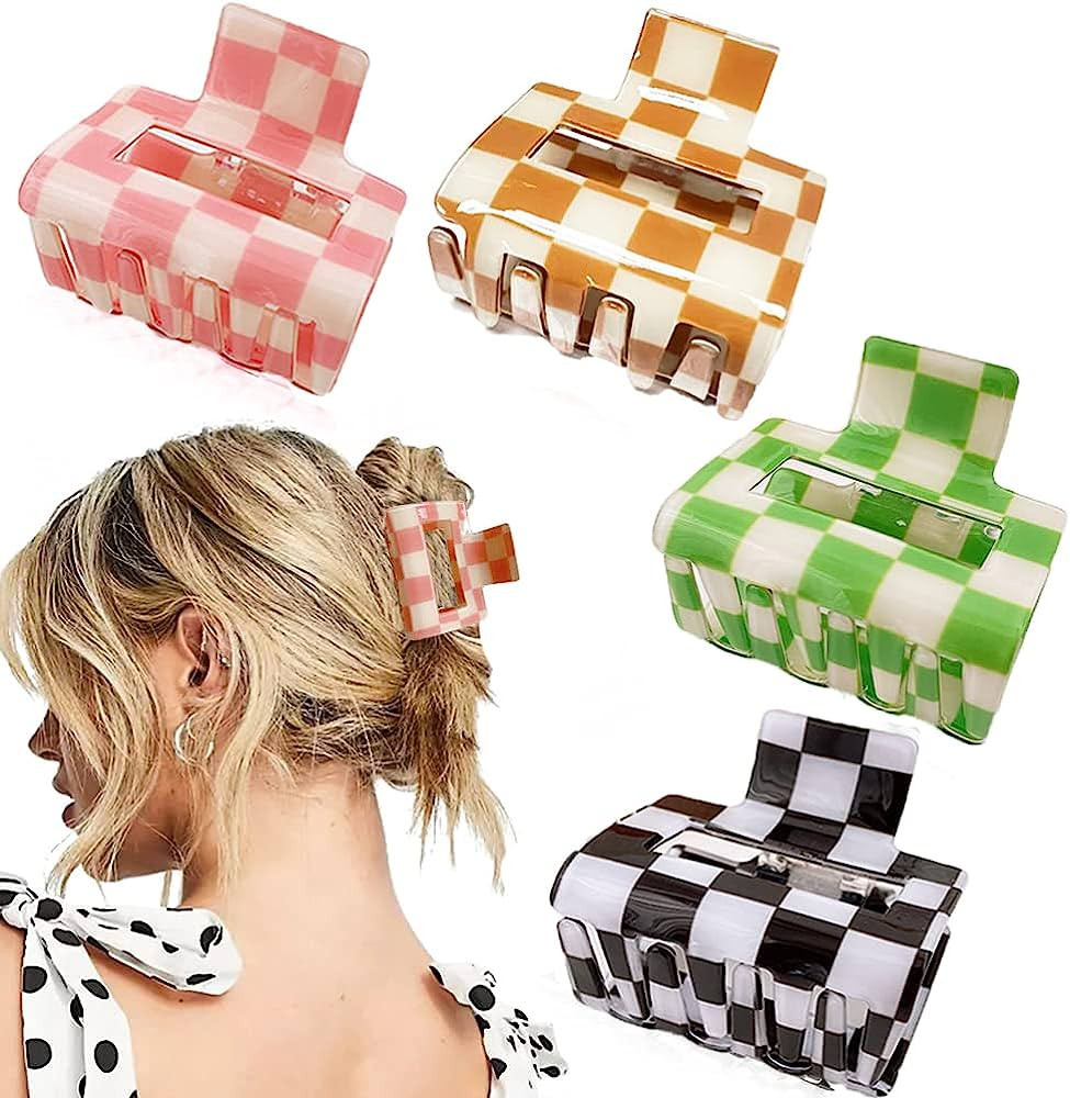 4 Pack Checkered Claw Clip Ahoney Y2k Accessories Small Hair Claw Clips for Thin Hair 2" Cute Hai... | Amazon (US)
