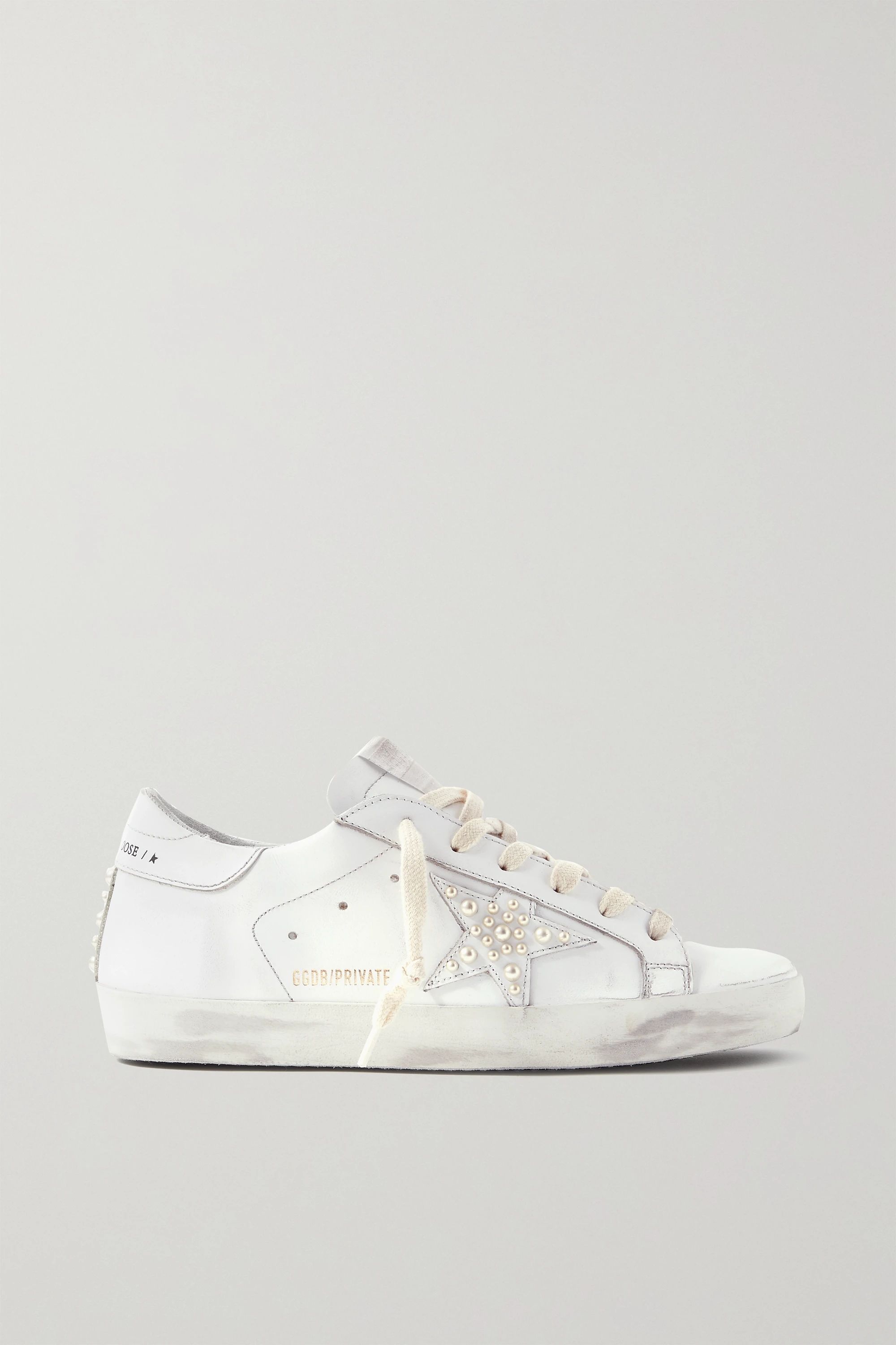 White Superstar faux pearl-embellished distressed leather sneakers | Golden Goose | NET-A-PORTER | NET-A-PORTER (UK & EU)
