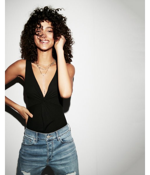 Express Womens Express One Eleven Ribbed Twist Front Thong Bodysuit Black Women's Xxs Black Xxs | Express