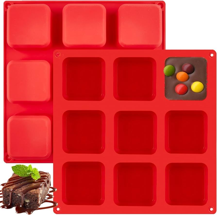 JOERSH Silicone Brownie Pan with Dividers 9-Cavity (2 PCS) Non-stick 2" Square Silicone Baking Mo... | Amazon (US)