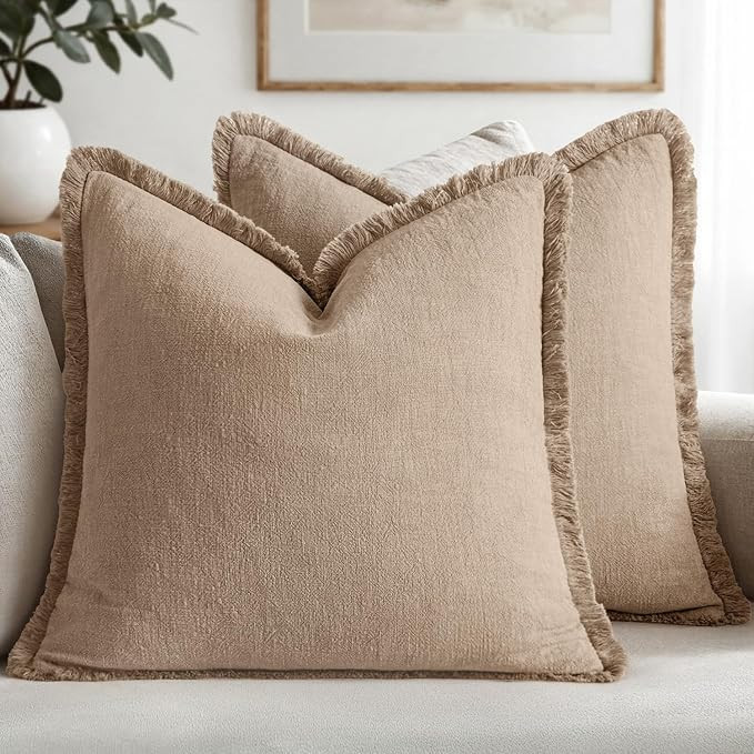 MIULEE Boho Linen Fringe Decorative Throw Pillow Covers Camel 20x20 | Amazon (US)