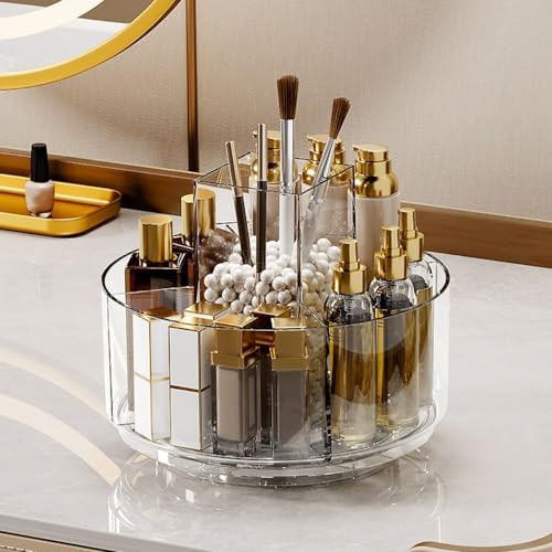 LINFIDITE 360 Rotating Makeup Organizer Clear Cosmetic Storage Holder Tray with 6 Compartment Makeup Brush Lip Gloss Organizer Case for Bathroom Cabinet Vanity Desktop | Amazon (US)