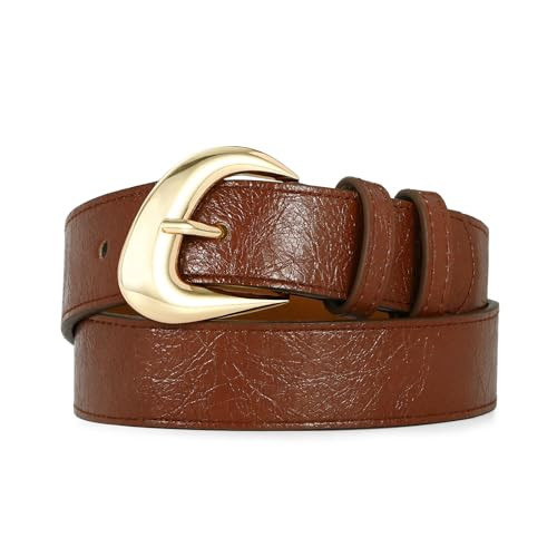 RISANTRY Brown Leather Belt for Women Casual Fashion with Stylish Inflated Sliver Buckle Faux Leather Belts for Jeans Dresses | Amazon (US)