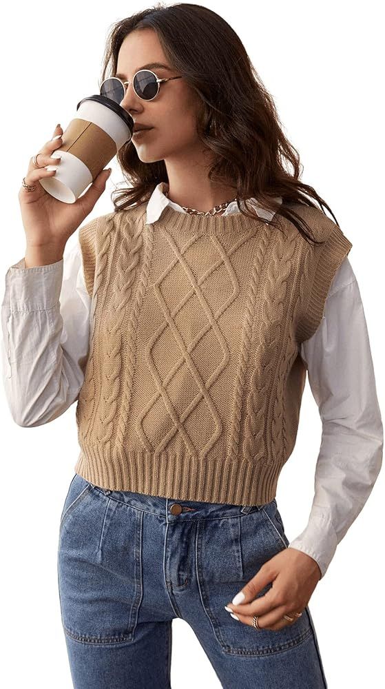 Milumia Women's Casual Cable Knit Sweater Vest Sleeveless Round Neck Crop Tank Top | Amazon (US)