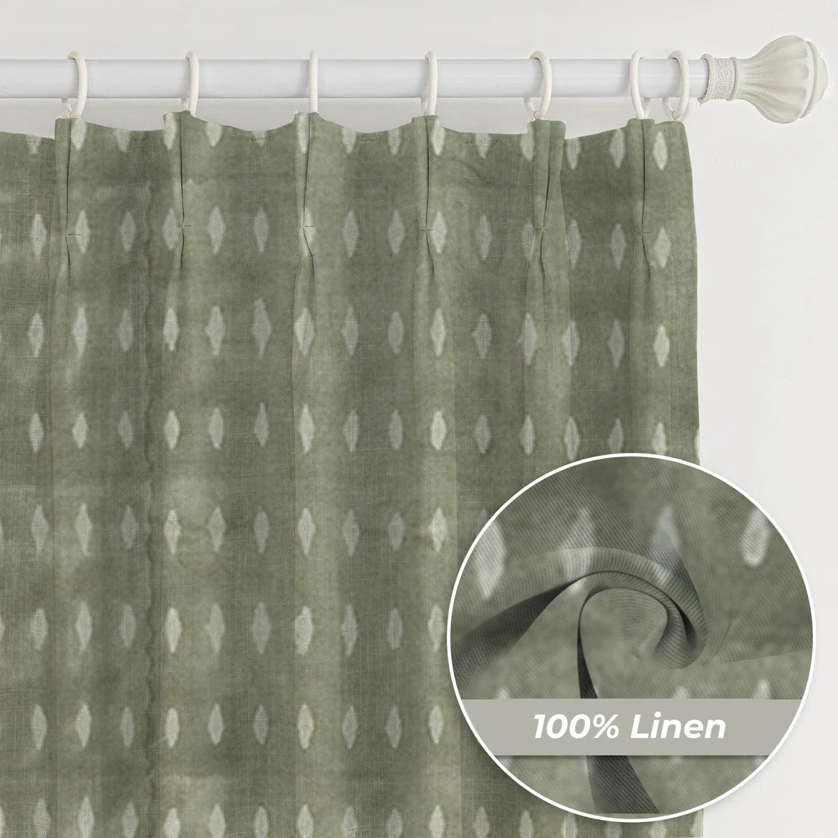 Dakota Fields Green Handmade Block Print , Pinch Pleated Curtian Heavy Linen Kitchen or Office Ho... | Wayfair North America