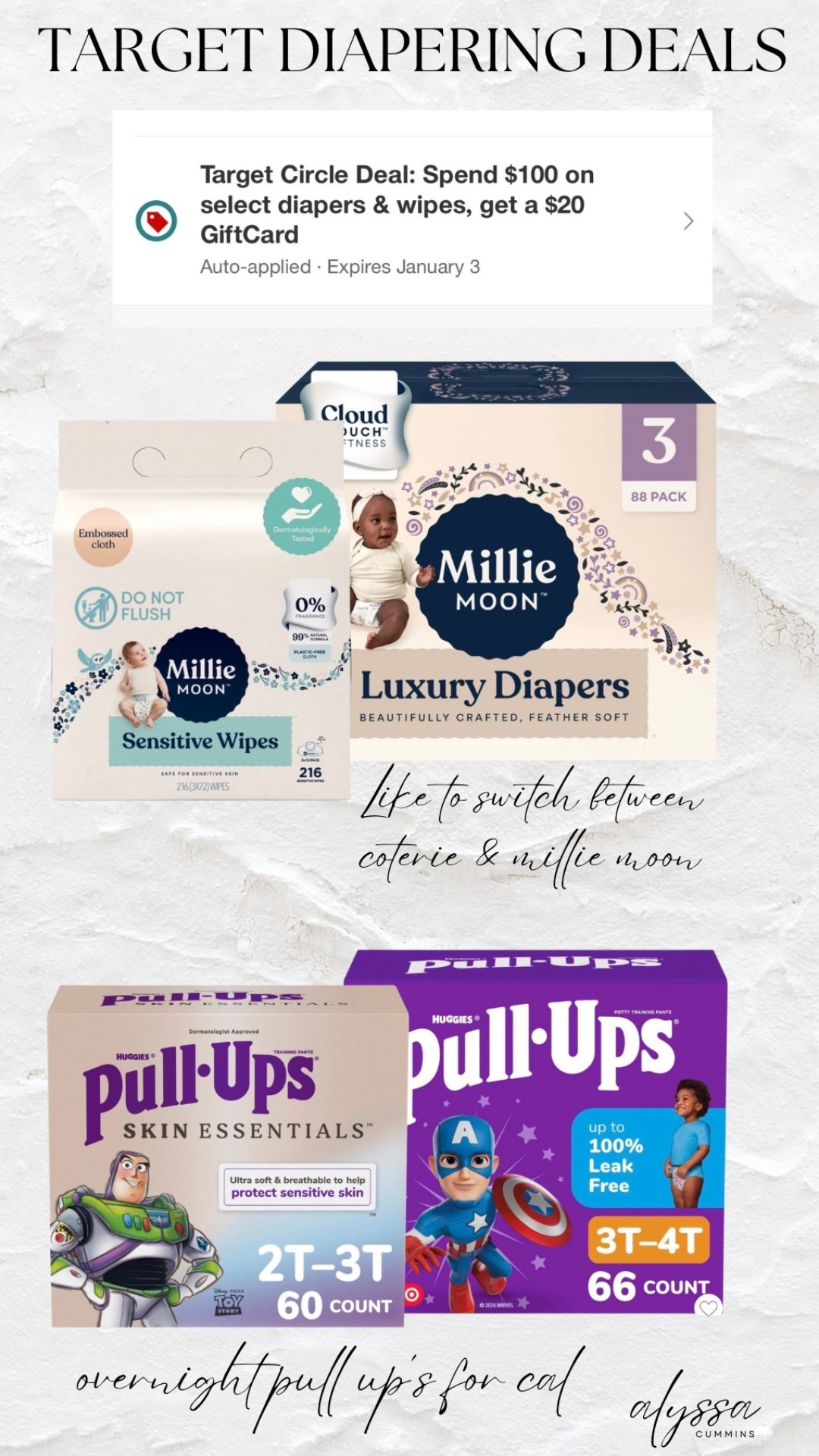 Target’s doing their best diaper sale! Spend $100 get a $20 gc. Love to stock up for the month when they run this promo. My favorites are Millie Moon for babies and then themed pull ups for overnights 