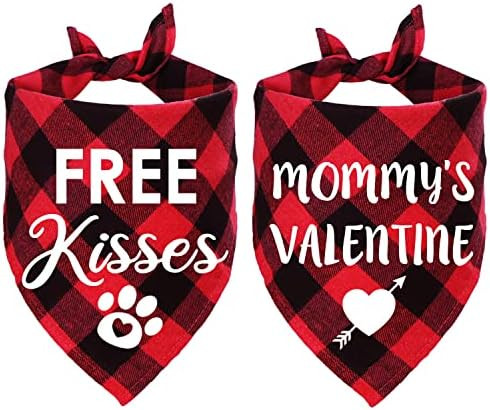 STMK 2 Pack Valentine's Day Dog Bandanas, Free Kisses Mommy's Valentine Plaid Dog Puppy Bandana for  | Amazon (US)