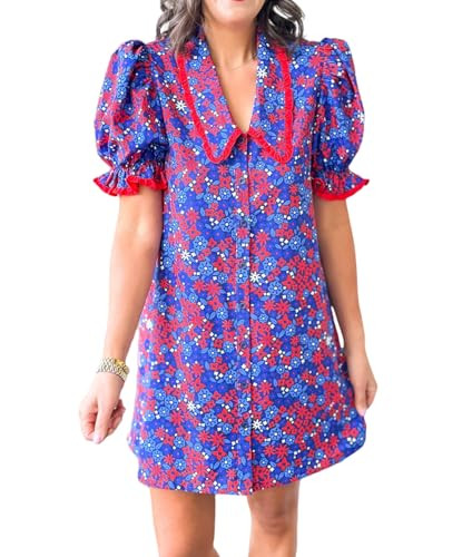 Women's Floral Puff Sleeve Babydoll Mini Dress V Neck Short Cap Sleeves Button Doll Collar Dresse... | Amazon (US)