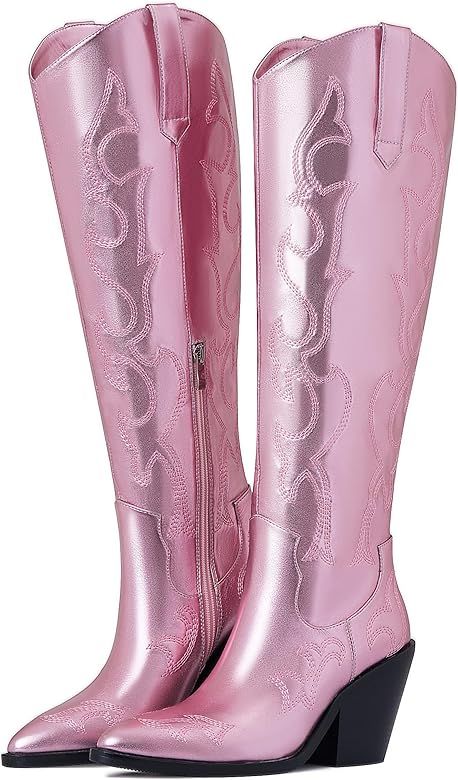 Erocalli Cowboy Boots for Women Cowgirl Knee High Boots Metallic Pull On Almond Toe Boots Embroid... | Amazon (US)