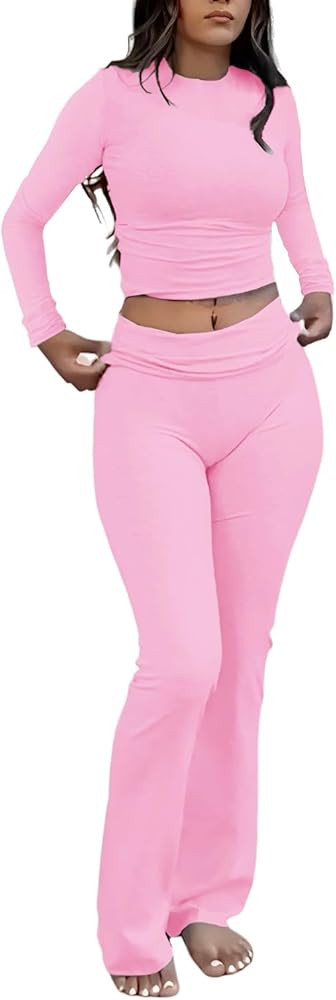 ZFLM Casual Workout Two Piece Outfits Long Sleeve High Waist Fold-Over Flared Leggings Pants Trac... | Amazon (US)