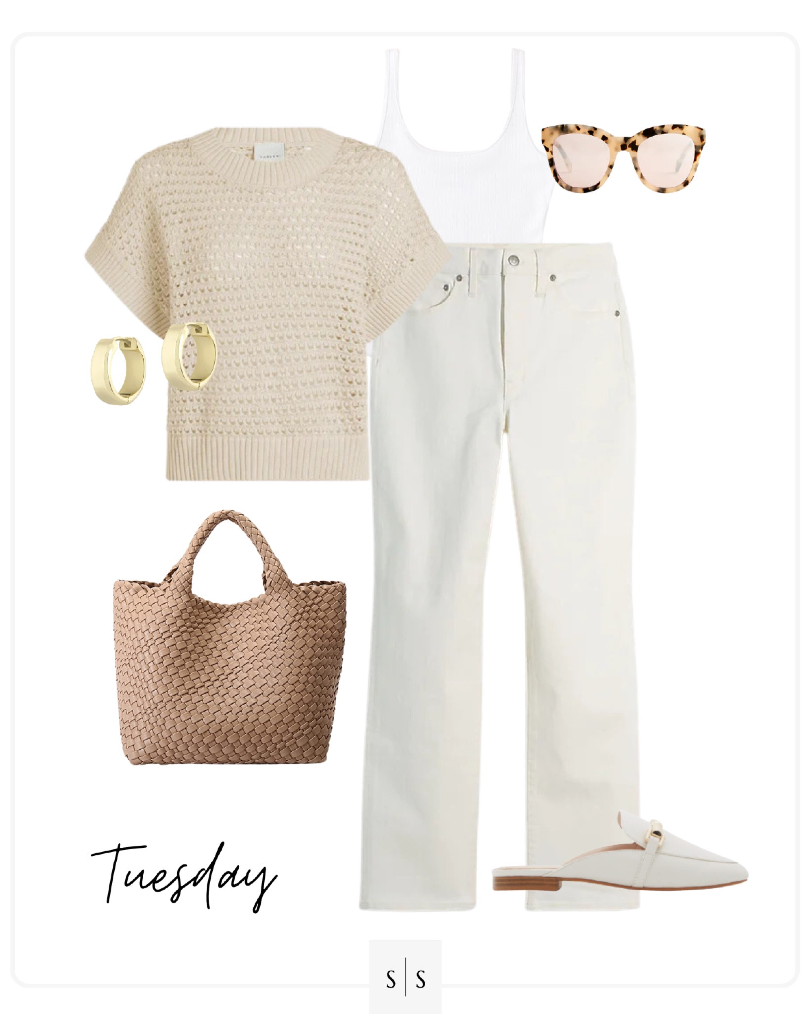 Style Guide of the Week | monochrome outfit, white jeans, knit sweater top, woven tote, white mules. 

Foundational timeless style, outfit ideas, Spring outfits, Summer outfits, closet basics, casual style, chic style, everyday outfit. See all details on thesarahstories.com ✨

#LTKstyletip #LTKFind