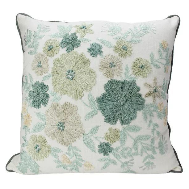 Style House Cotton Embroidered Floral Square Decorative Pillow 20" x 20", Green | Walmart (US)