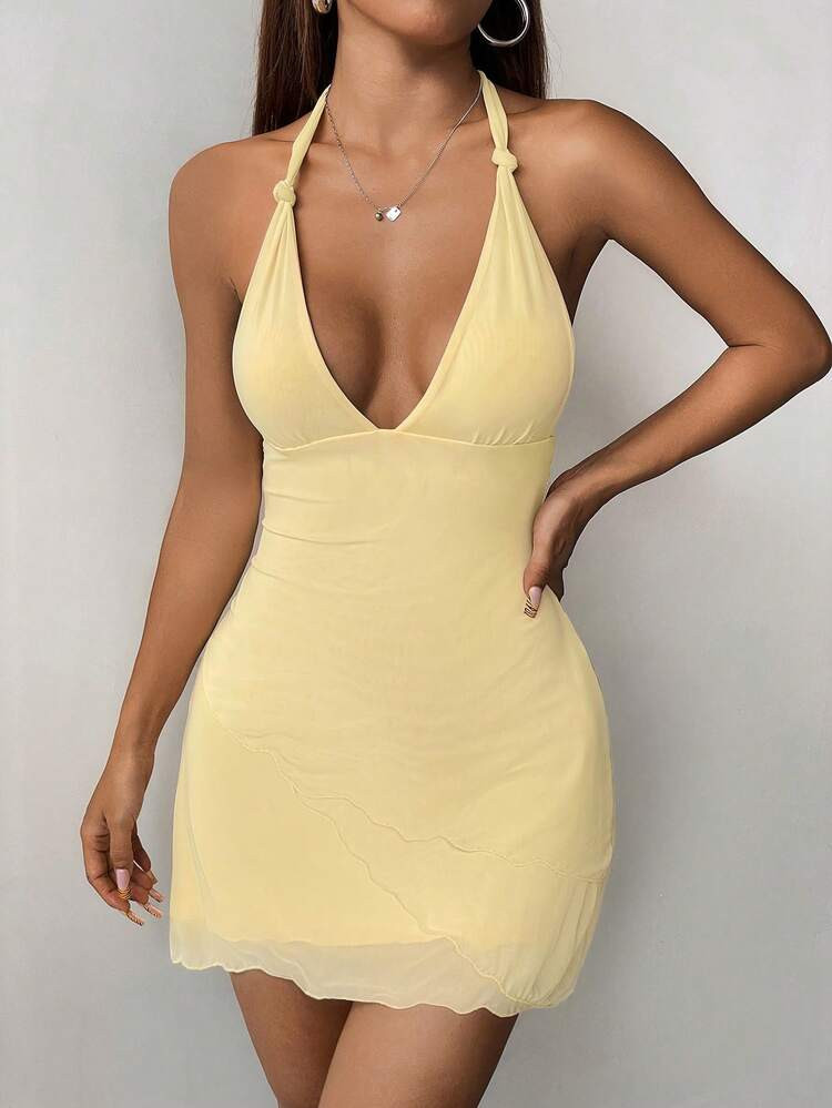 SHEIN PETITE Women Light Yellow Mesh Halter Dress,Summer Dresses,Summer Dresses For Women,Pastel ... | SHEIN