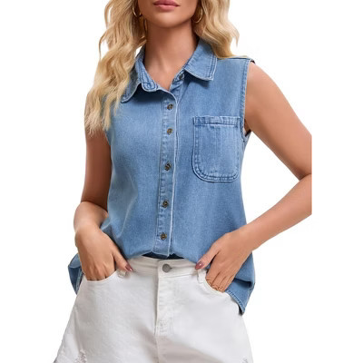 INSPIRE CHIC Women's Denim Sleeveless Button Down Collared with Pockets Jean Shirt X-Large Sky Blue | Target