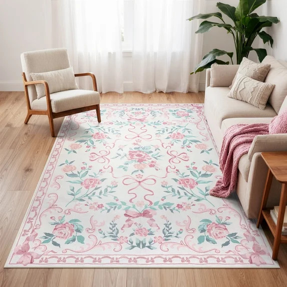 Lahome Washable 5'x7' Floral Bow Area Rug, Pink Rugs for Living Room, Soft Ultra-Thin Non-Slip Ca... | Walmart (US)