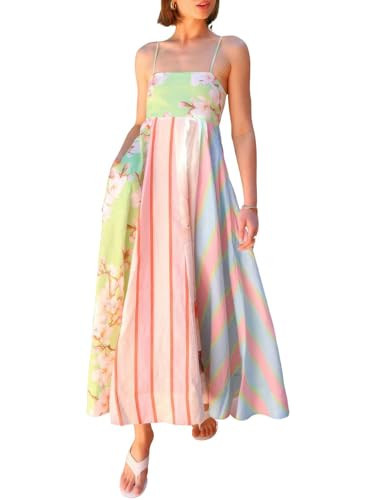 ebossy Women's Floral Striped Back Smocked Maxi Dress Spaghetti Strap Flowy Swing A-Line Sundress with Pockets (Small, Green) | Amazon (US)