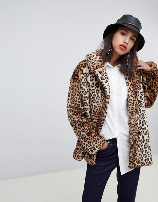 Stradivarius leopard double breasted faux fur coat | ASOS US