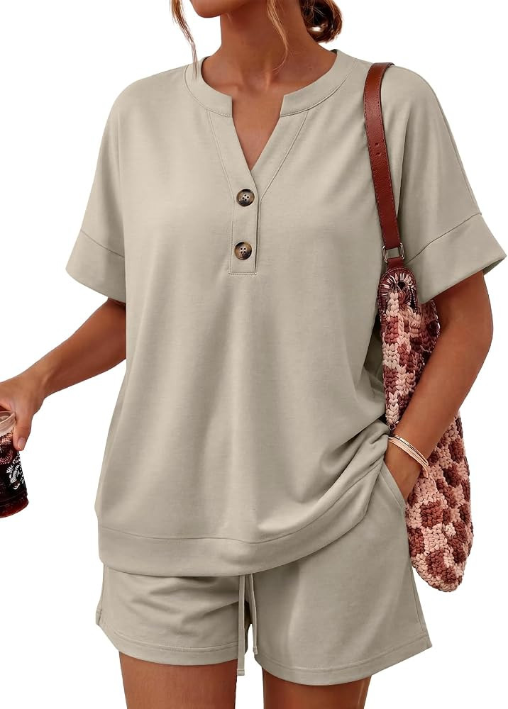 LILLUSORY 2 Piece Lounge Sets for Womens Airport Travel Vacation Outfits Henley Oversized T shirt... | Amazon (US)