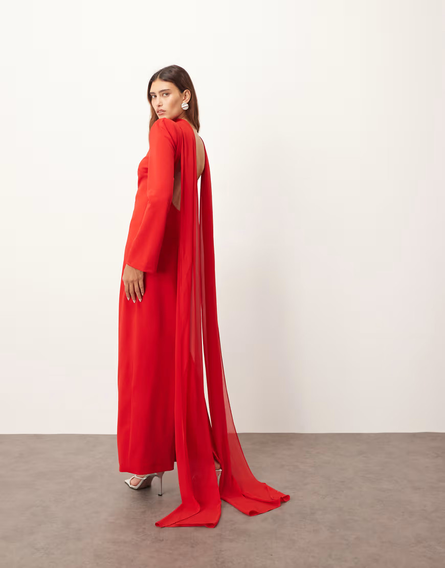 ARRANGE structured crepe long sleeve maxi dress with chiffon overlay in red | ASOS (Global)