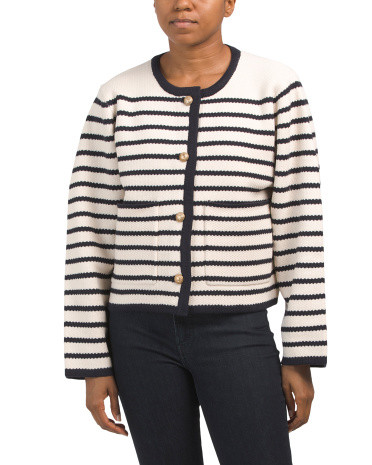 Crew Neck Long Sleeve Striped Cardigan Sweater | TJ Maxx