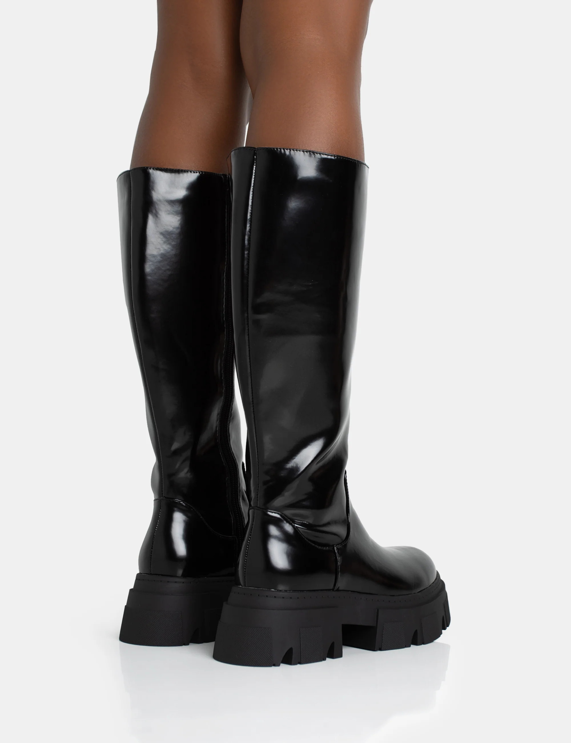 Scorpio Black Rubberised Pu Rounded Toe Chucky Sole Knee High Boots | Public Desire