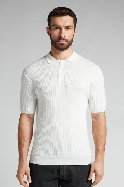 Intimissimi Ribbed Cotton Short Sleeve Knit Polo Shirt Man White Size L | Intimissimi (US)