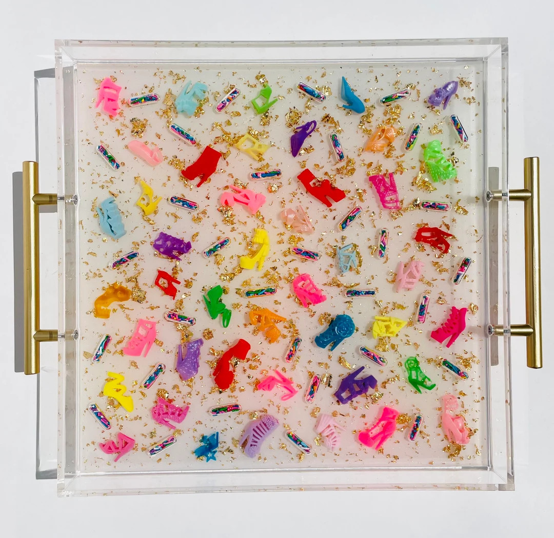 Rainbow Barbie Shoes Pearly White Acrylic Resin Serving Tray with Gold Handles and Gold Leaf Flak... | Etsy (US)