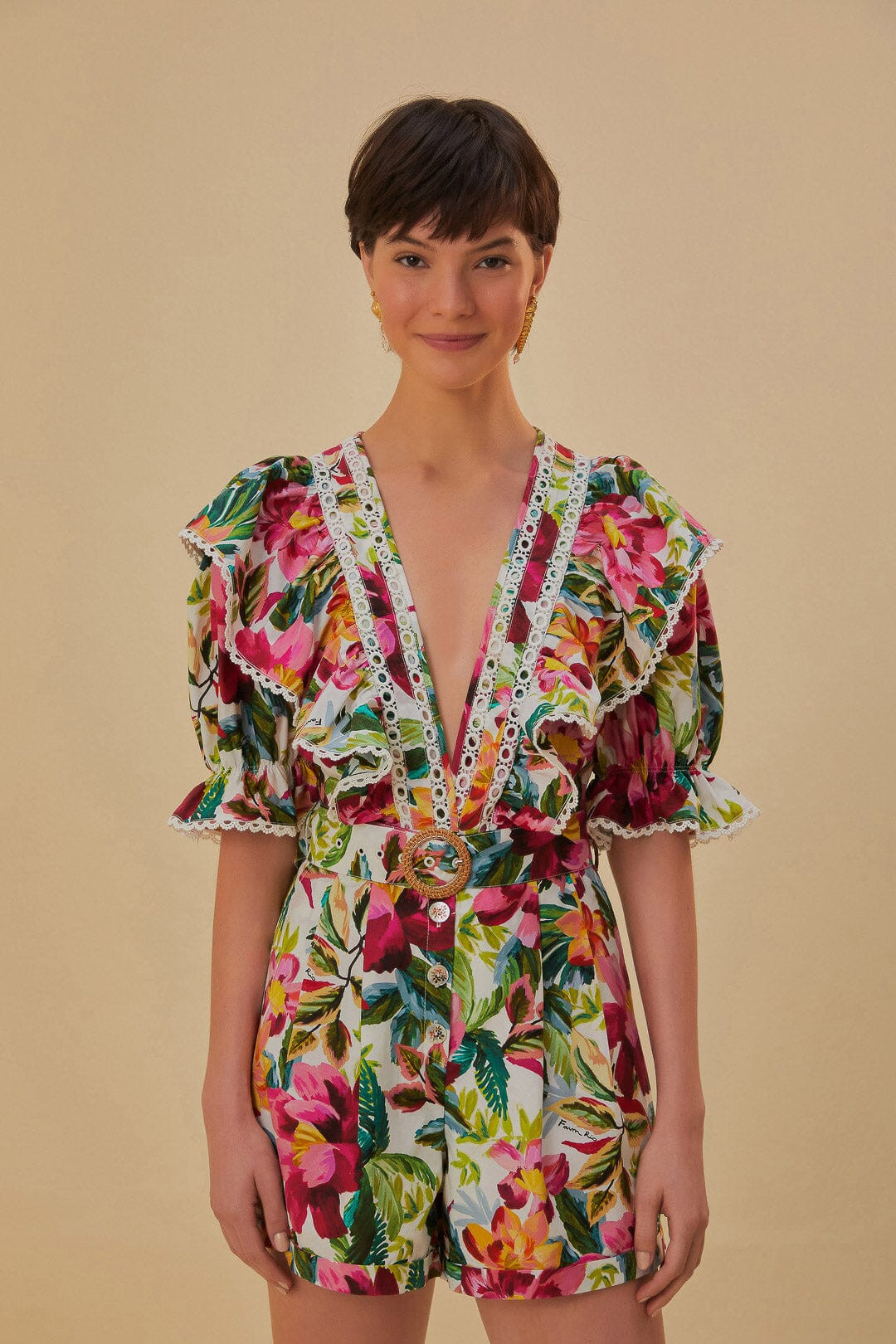 Off-White Painted Flowers Romper | FarmRio (US)