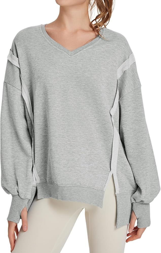 TAKEYAL Women's Oversized Sweatshirts Side Slit Long Sleeve V Neck Sweatshirt Casual Loose Pullov... | Amazon (US)
