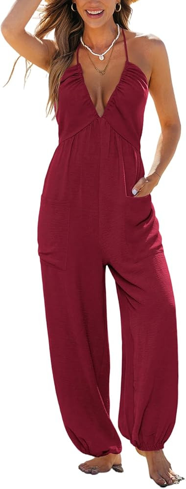 CUPSHE Womens Maxi One Piece Jumpsuit Plunging V Neck Sleeveless Casual Outfit Beach Overall Vaca... | Amazon (US)