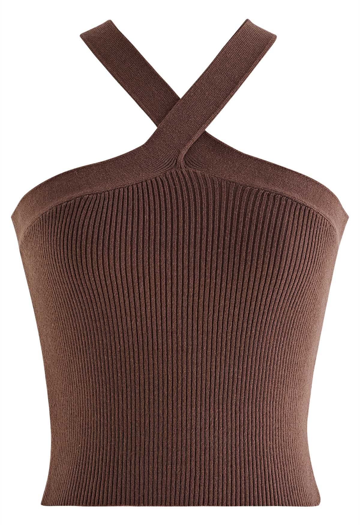 Criss Cross Straps Halter Knit Top in Brown | Chicwish