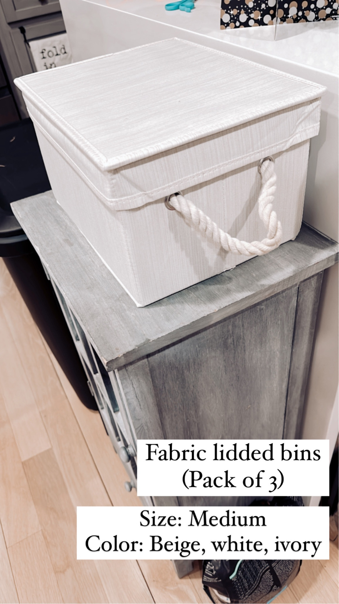 Fabric neutral organizational bins with lids & handles. Comes in a pack of 3! This one holds dog supplies for our puppy, Teddy.

Perfect neutral - subtle pattern - slightly warm toned & slightly cool toned

#LTKfamily #LTKunder50 #LTKhome
