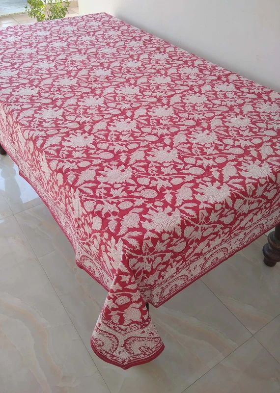 Red Block Print Tablecloth, Floral Design Table Cloth, Cotton Table Cover, Indian Table Linen, Di... | Etsy (US)