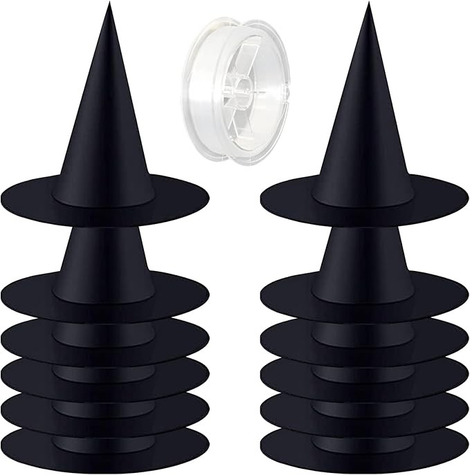 ZeeDix 12 Pcs Halloween Black Witch Hats- Halloween Hanging Decorations Witch Hat with 328 Feet H... | Amazon (US)