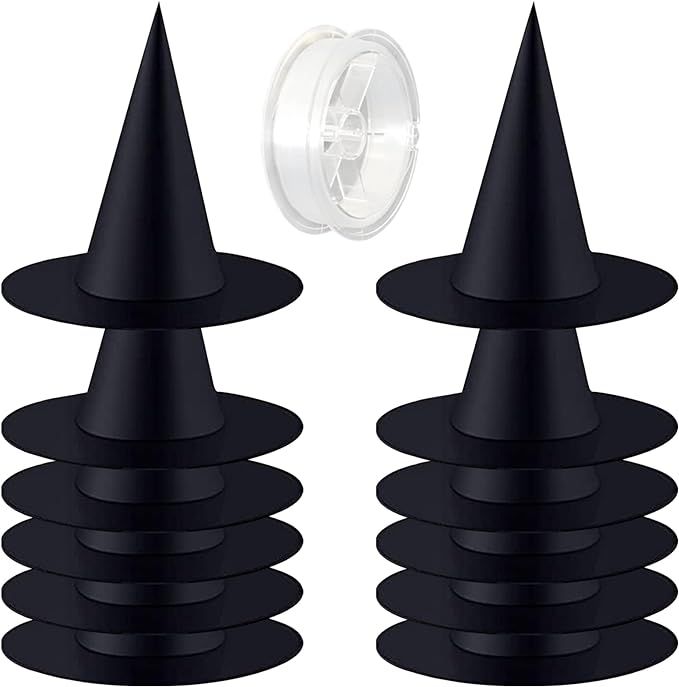 ZeeDix 12 Pcs Halloween Black Witch Hats- Halloween Hanging Decorations Witch Hat with 98 Feet Ha... | Amazon (US)