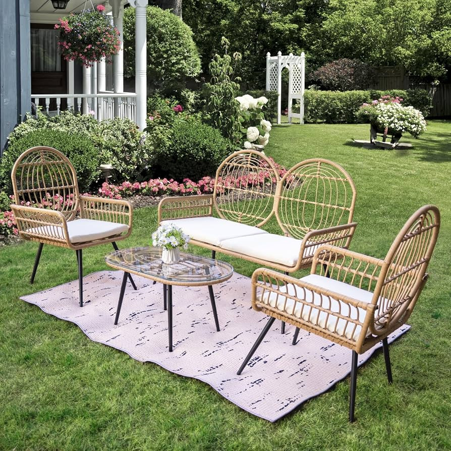 FUNCOKO 4 Pieces Wicker Patio Conversation Set, Boho All-Weather Rattan Outdoor Bistro Sets with ... | Amazon (US)