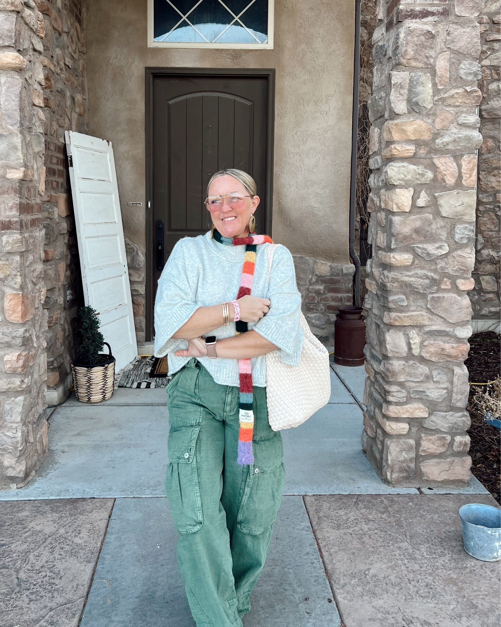 🌈skinny scarves + big pockets! we’ve had warmer than usual winter days, so this oversized sweater, skinny scarf and suor fun pants were perfect for warmer gear, but not too much! fyi-this sweater is 😍 and these pants are for the cool kids 😎! 
.
#freepeople #stripedscarf #skinnyscarf #croppedsweater #freepeople #amazon #sunglasses #readers 

#LTKMidsize #LTKOver40 #LTKootd