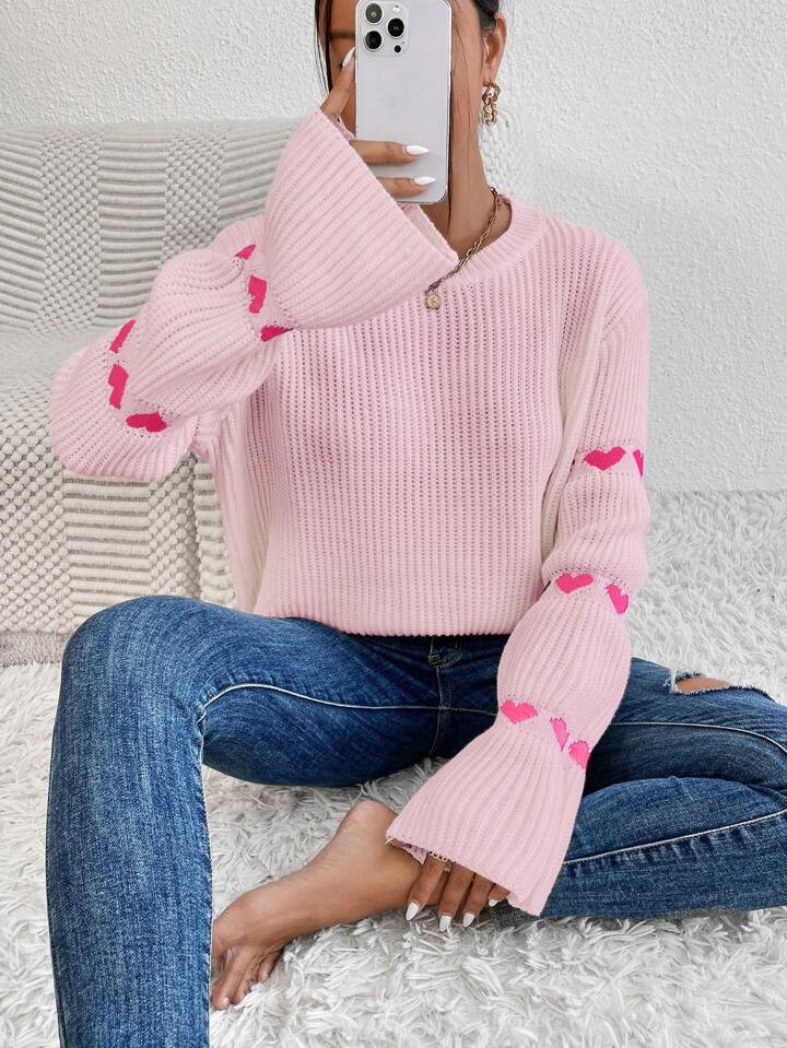 Heart Pattern Flare Sleeve Sweater | SHEIN