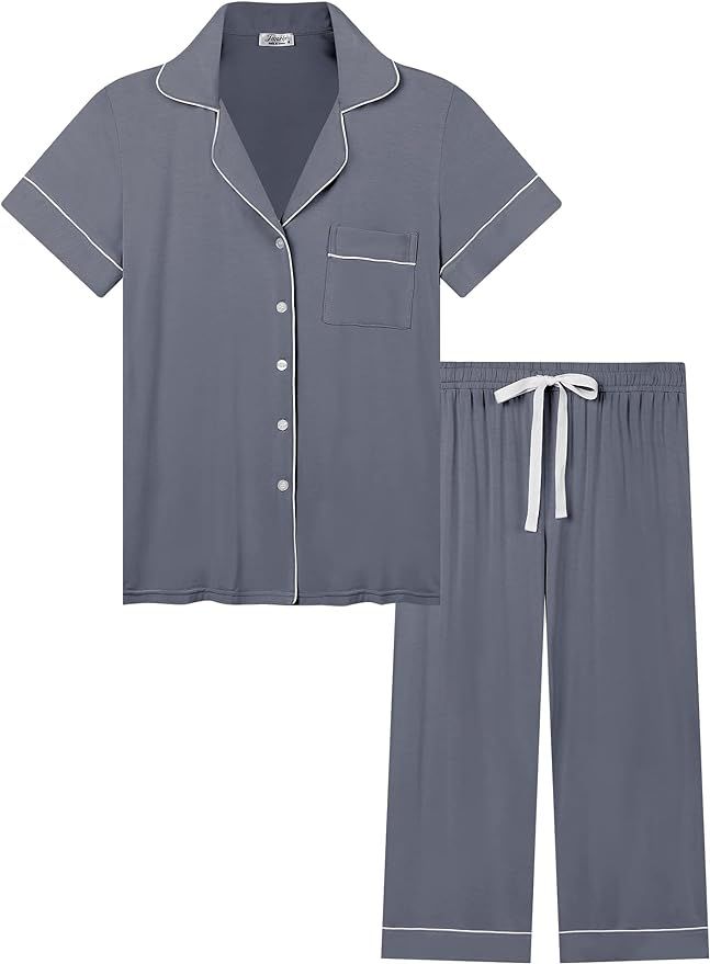 Joyaria Women Capri Pajama Set Short Sleeve/Button Front Pjs Viscose Made from Bamboo Sleepwear | Amazon (US)