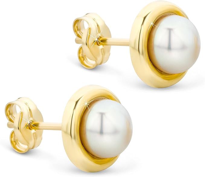 Orovi Pearl Stud Earrings for Women - 14K Gold Earrings for Women with 7mm Freshwater Pearl Stud ... | Amazon (US)