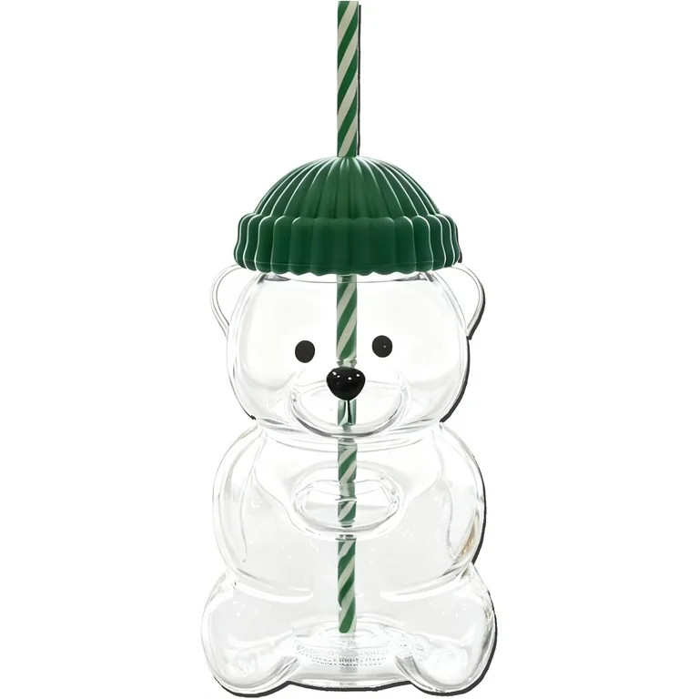 Holiday Bear Tumbler with Striped Straw Clear Glass Bear-Shaped Cup with Winter Hat Christmas Dec... | Walmart (US)
