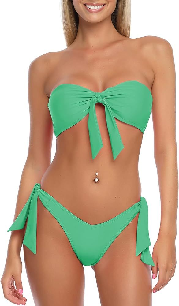 RELLECIGA Women’s Removable Straps Knot Front Bandeau Bikini Top with Sexy Cheeky Brazilian Bikini B | Amazon (US)