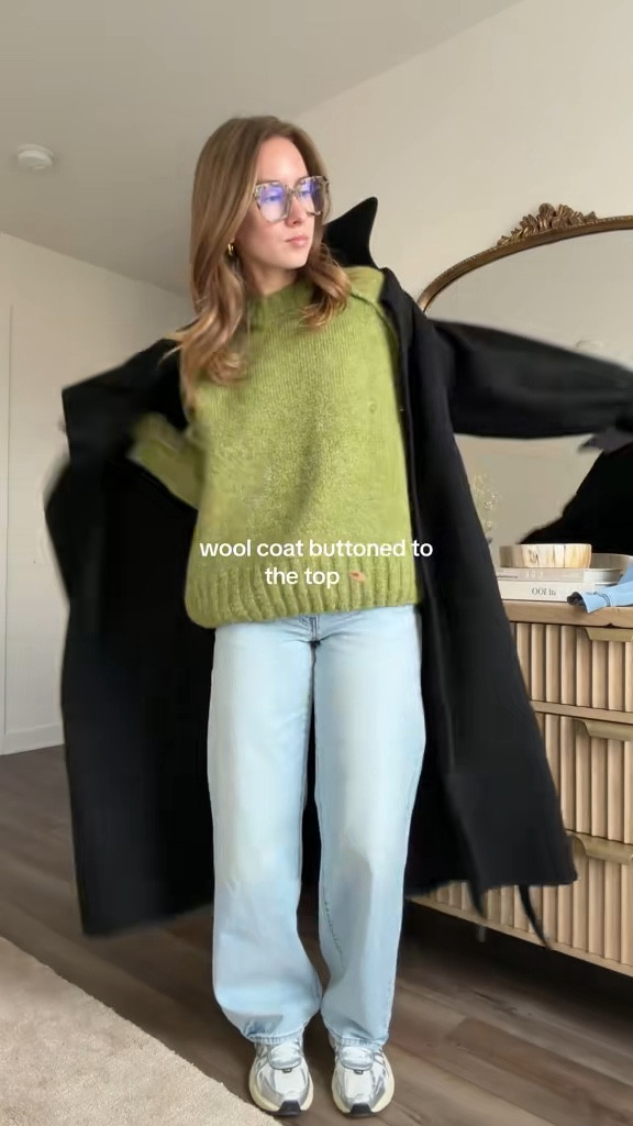 1/7/26 Casual winter outfit on repeat 🤍 wearing my Nike sneakers with Levi baggy jeans, a green sweater from Anthropologie, and a black wool coat (size small). Finished with my Bottega bag and Amazon blue light glasses. Everything I can link is here.

#LTKSeasonal #LTKgrwm #LTKootd